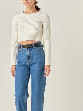 English Factory Cream Ribbed Cropped Sweater Minimalist Fitted Knit Top